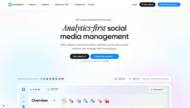 Iconosquare homepage showing analytics-first social media management positioning