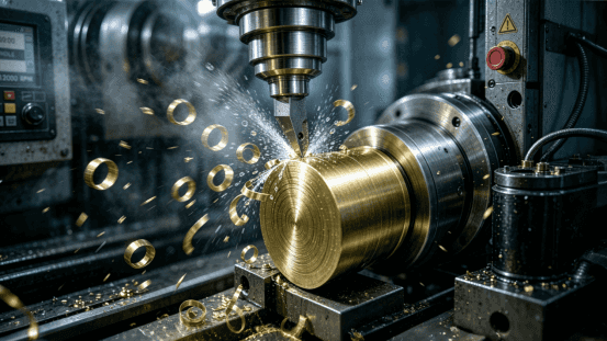 High-speed CNC lathe machining a brass component, ejecting perfectly formed helical chips to illustrate efficient material removal