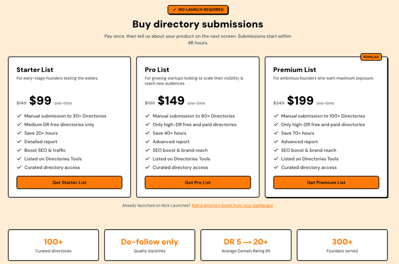 Pricing tiers on nicklaunches.com/directory-submission-service/.