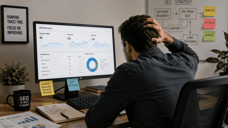  Person sitting and scratching his head struggling to make his website or platform to rank
