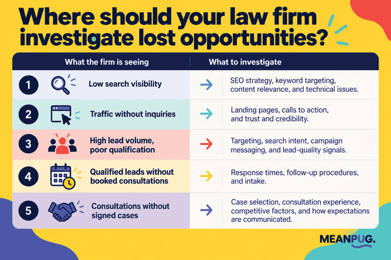 Five areas to investigate when law firm marketing activity isn't translating into signed cases. Illustration: MeanPug Digital