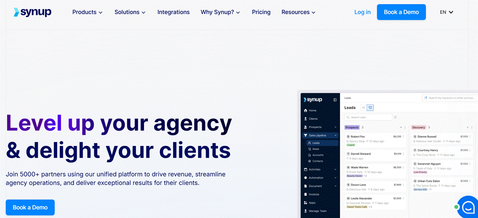 The image shows Synup’s homepage with the headline “Level up your agency & delight your clients” and a call-to-action to book a demo The image shows Synup’s homepage with the headline “Level up your agency & delight your clients” and a call-to-action to book a demo