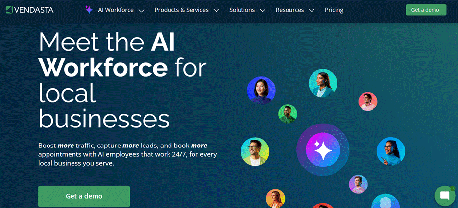 A Vendasta homepage banner promotes its “AI Workforce” that helps local businesses boost traffic, leads, and appointments with always‑on AI employees.