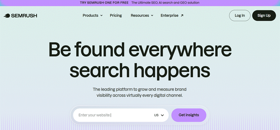 This image describes Semrush as a leading platform for growing and measuring brand visibility across digital channels, plus a website input field and “Get insights” call-to-action button This image describes Semrush as a leading platform for growing and measuring brand visibility across digital channels, plus a website input field and “Get insights” call-to-action button